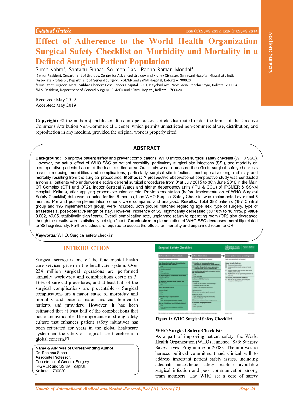 Effect of Adherence to the World Health Organization Surgical Safety