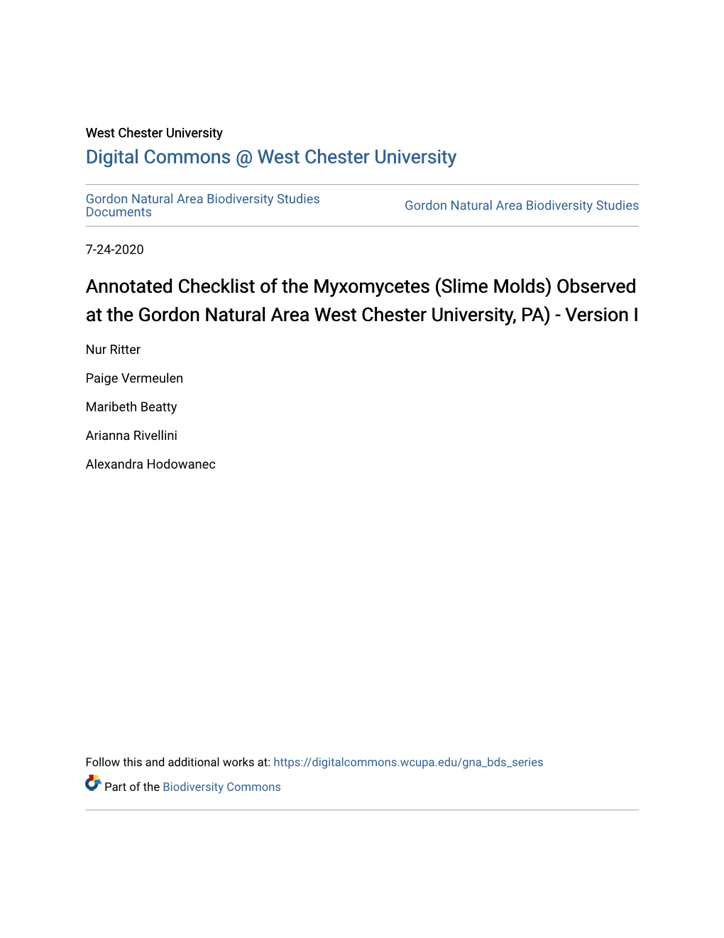 Annotated Checklist of the Myxomycetes (Slime Molds) Observed at the Gordon Natural Area West Chester University, PA) - Version I