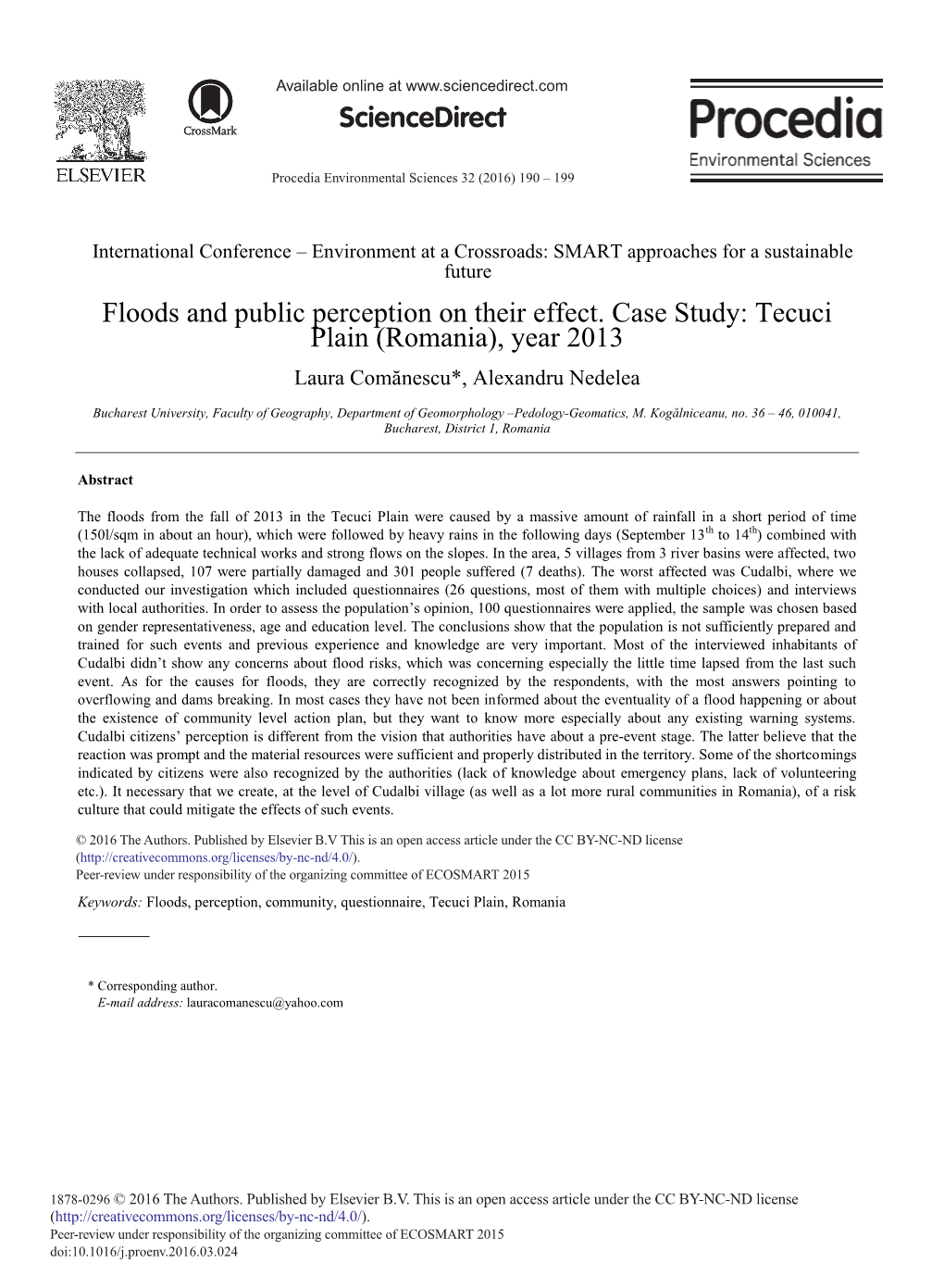 Floods and Public Perception on Their Effect. Case Study: Tecuci Plain (Romania), Year 2013