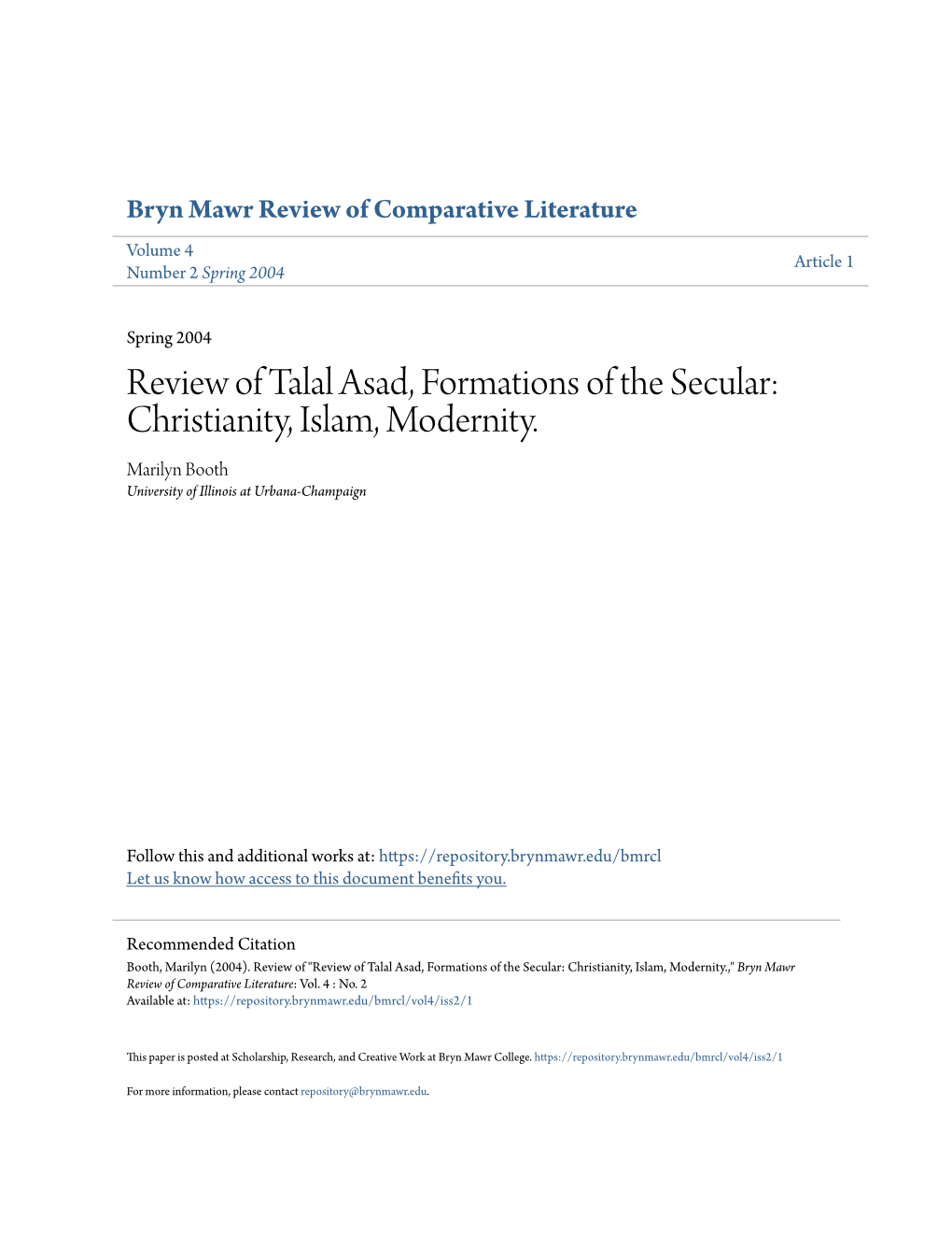 Review of Talal Asad, Formations of the Secular: Christianity, Islam, Modernity