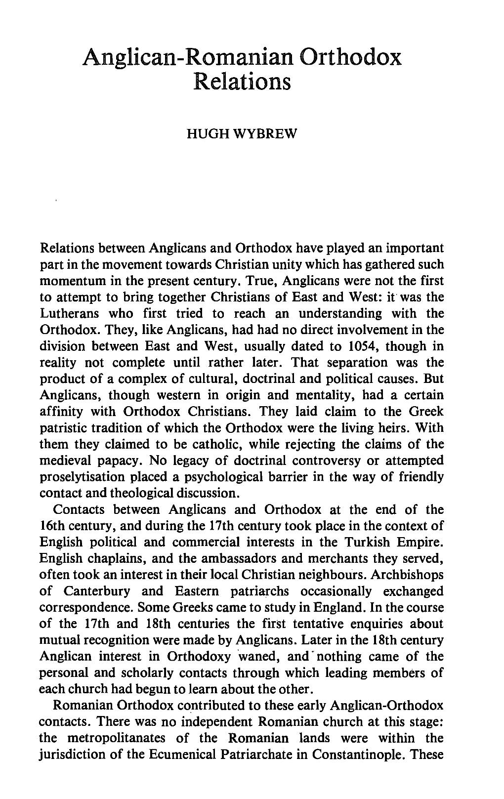 Anglican -Romanian Orthodox Relations