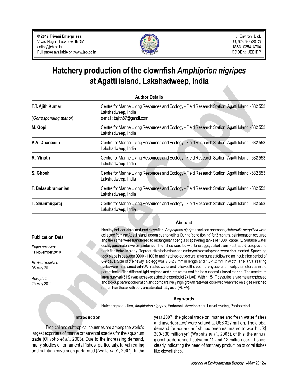 Hatchery Production of the Clownfish Amphiprion Nigripes at Agatti Island, Lakshadweep, India