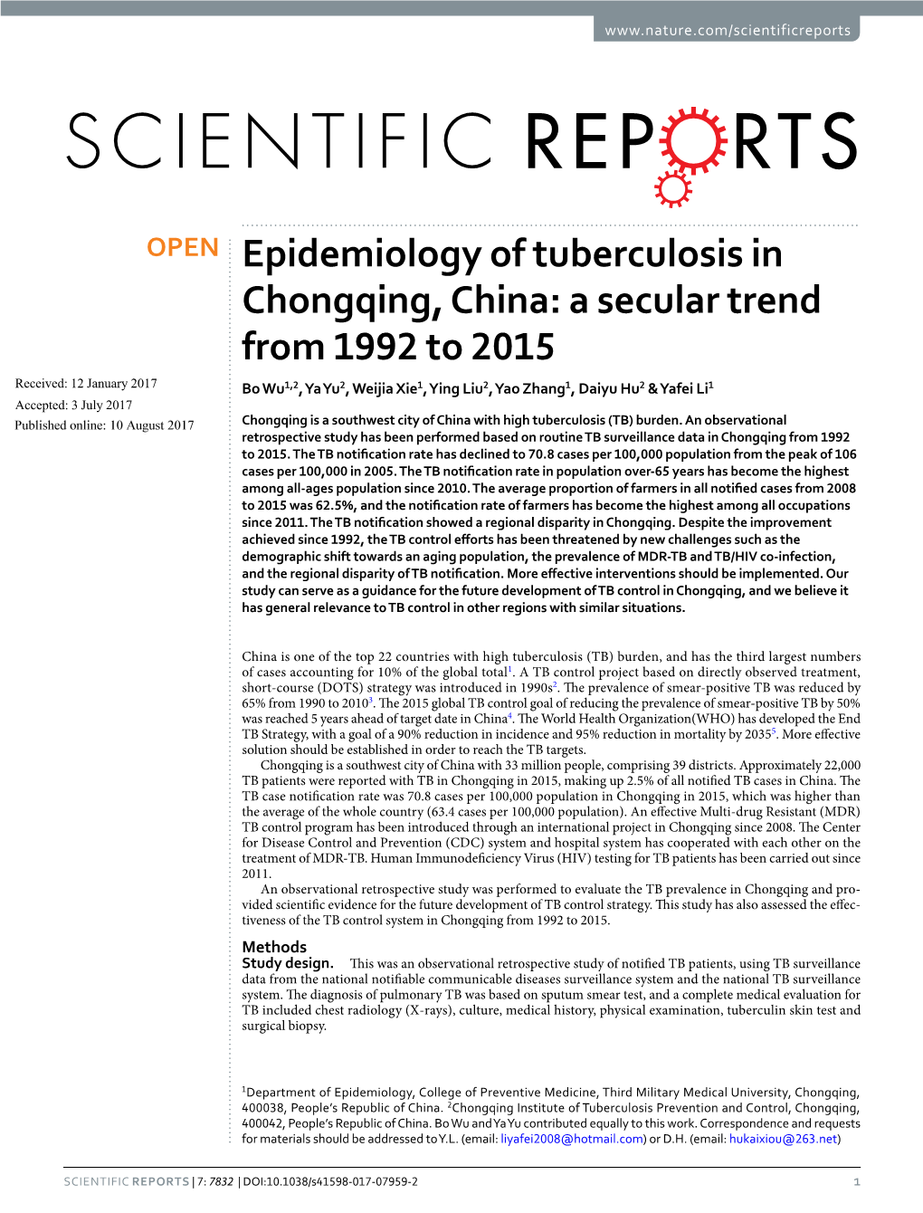 Epidemiology of Tuberculosis in Chongqing, China