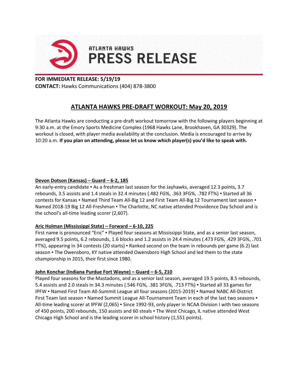 ATLANTA HAWKS PRE-DRAFT WORKOUT: May 20, 2019