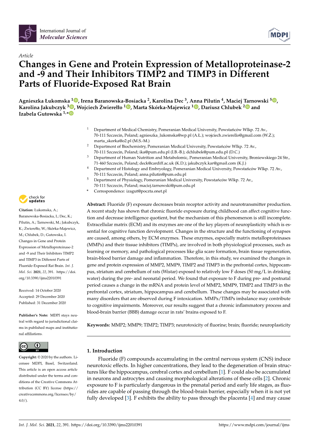 Changes in Gene and Protein Expression of Metalloproteinase-2 and -9 and Their Inhibitors TIMP2 and TIMP3 in Different Parts of Fluoride-Exposed Rat Brain