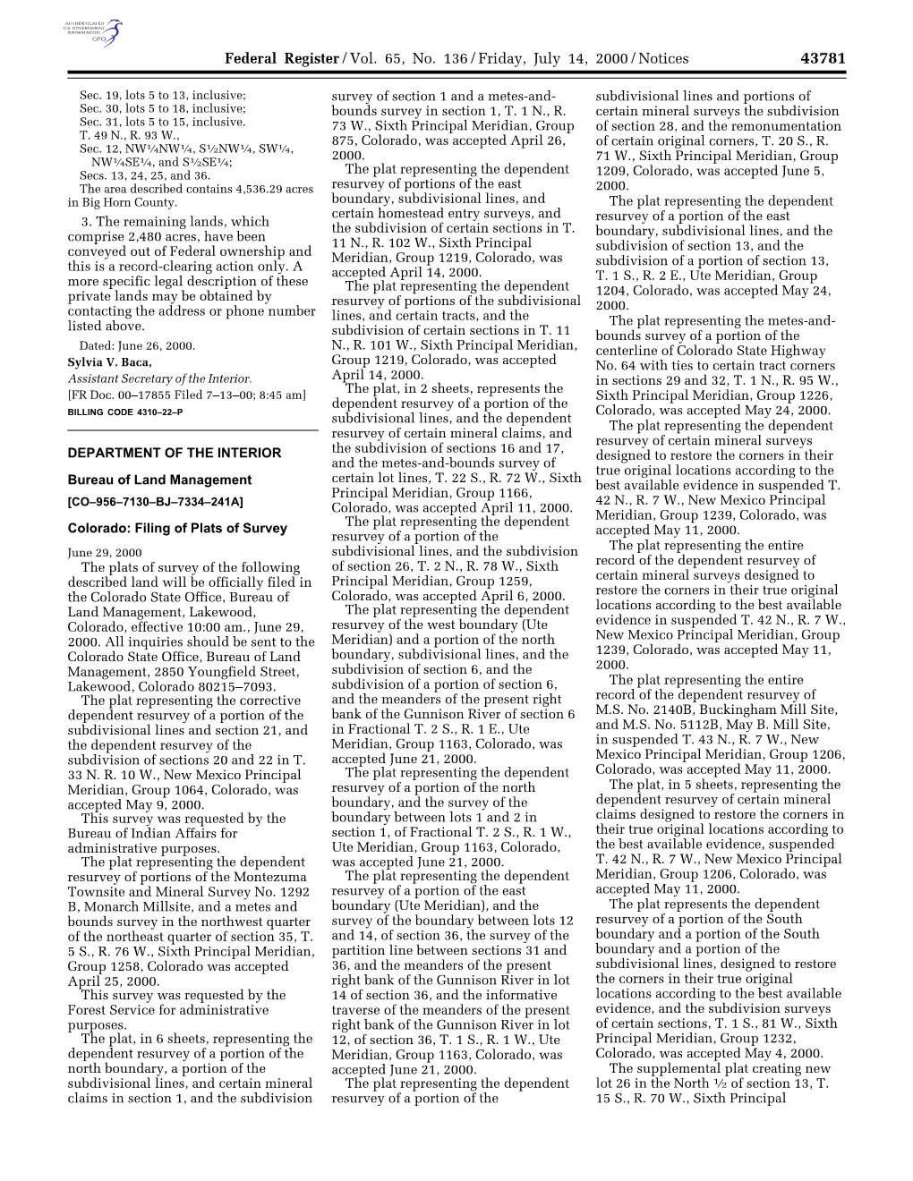 Federal Register/Vol. 65, No. 136/Friday, July 14, 2000/Notices