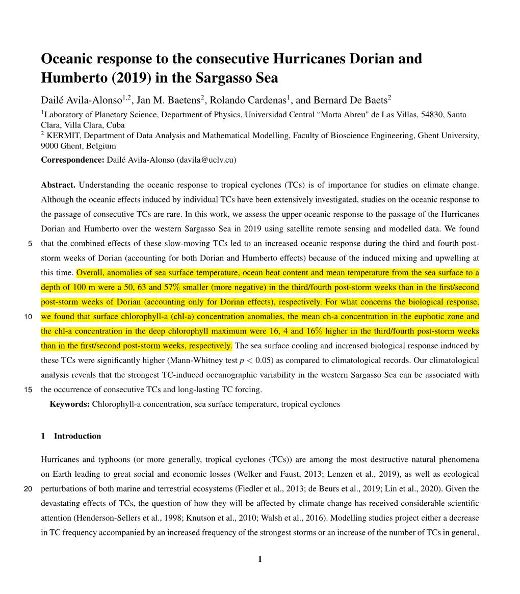 Oceanic Response to the Consecutive Hurricanes Dorian and Humberto (2019) in the Sargasso Sea Dailé Avila-Alonso1,2, Jan M