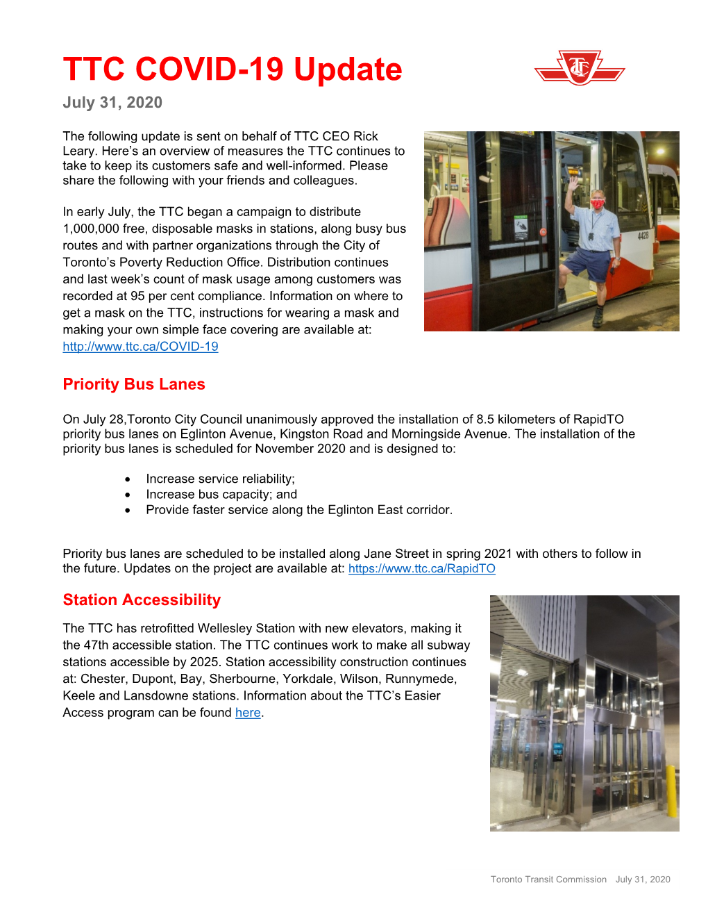 TTC COVID-19 Update July 31, 2020