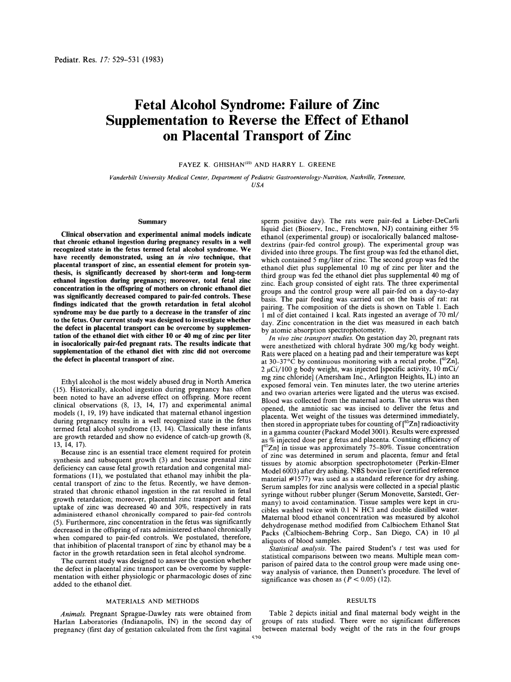 Fetal Alcohol Syndrome: Failure of Zinc Supplementation to Reverse the Effect of Ethanol on Placental Transport of Zinc