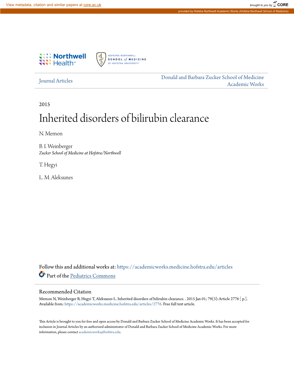 Inherited Disorders of Bilirubin Clearance N