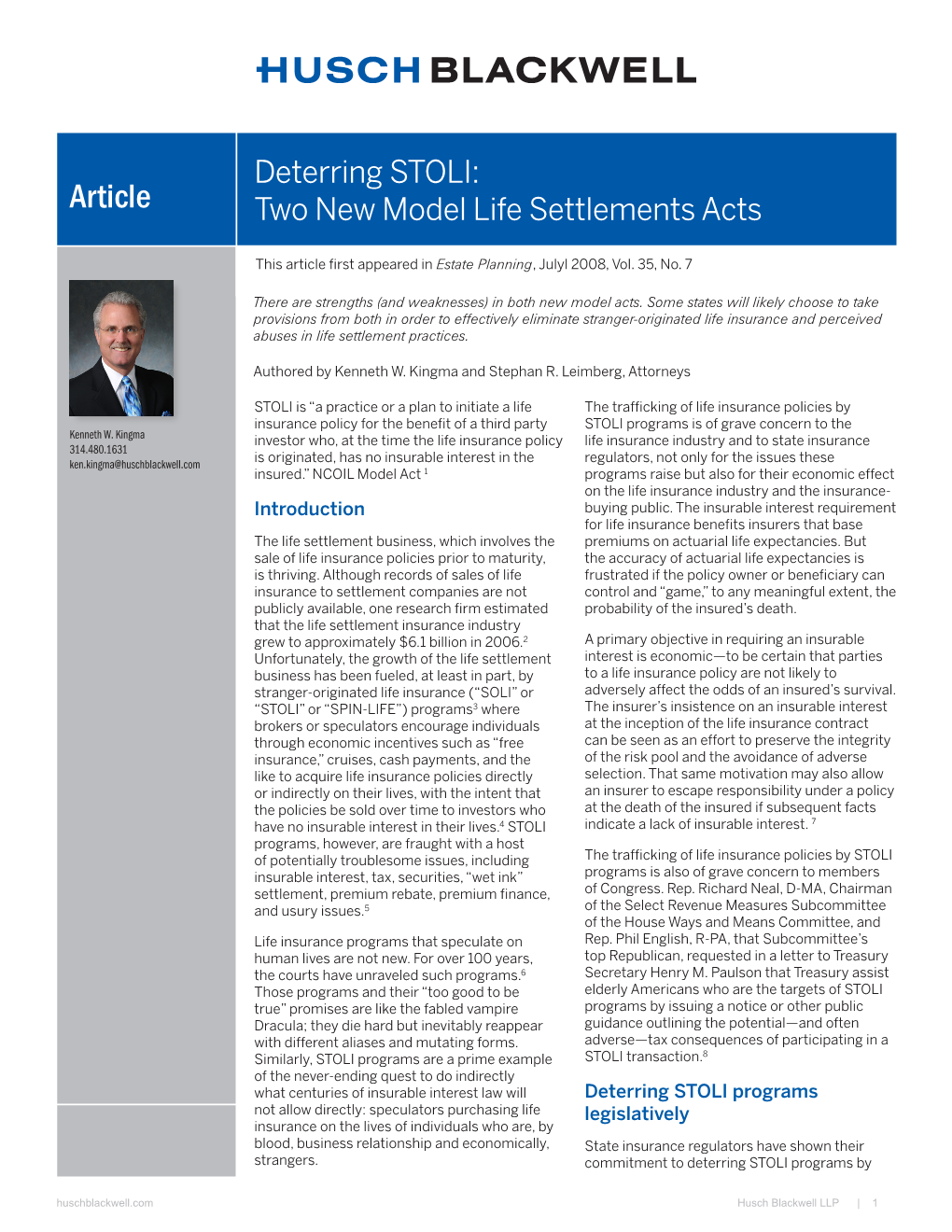 Deterring STOLI: Article Two New Model Life Settlements Acts