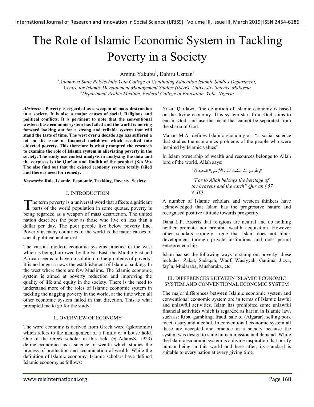 The Role of Islamic Economic System in Tackling Poverty in a Society