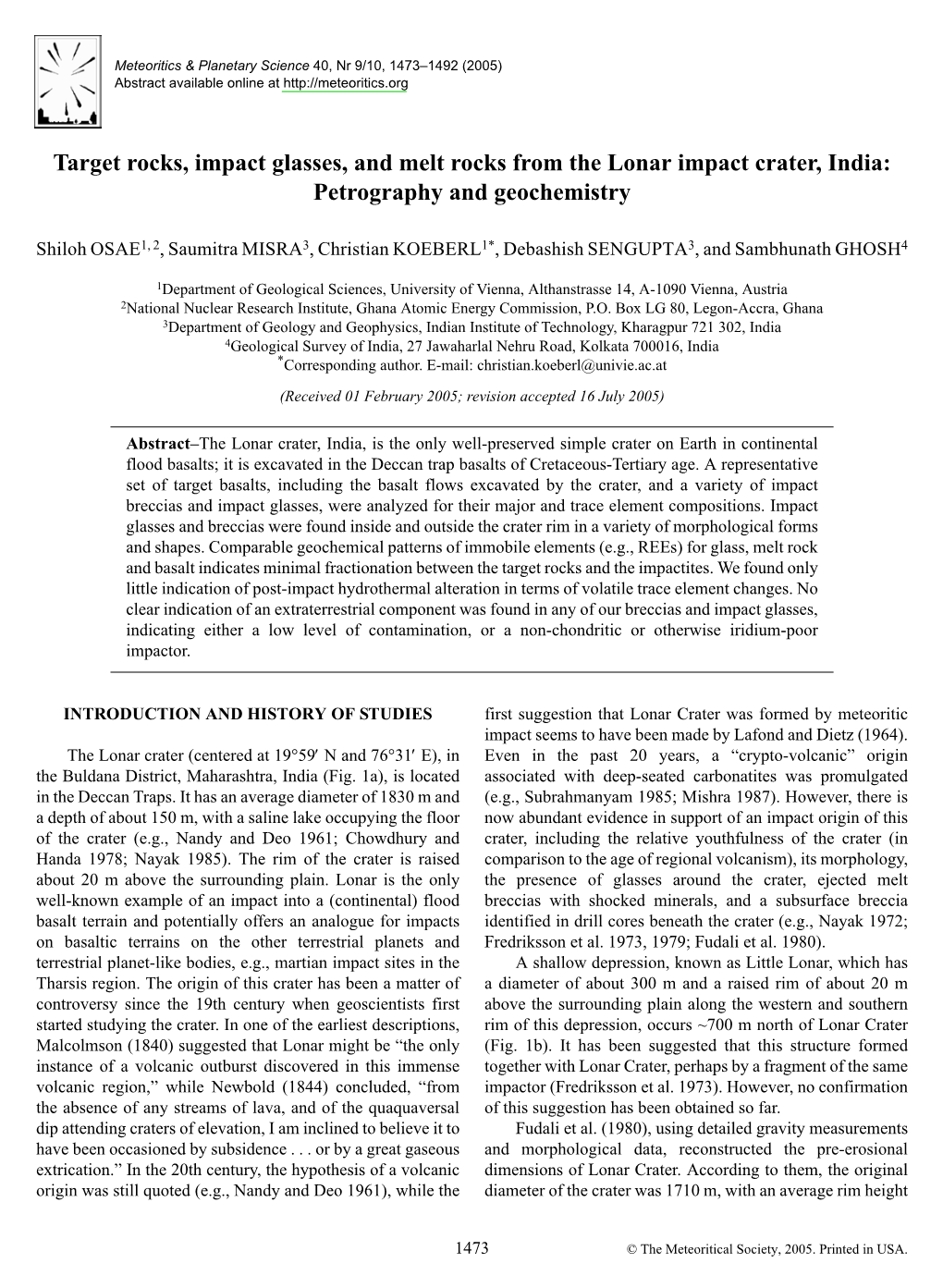 Target Rocks, Impact Glasses, and Melt Rocks from the Lonar Impact Crater, India: Petrography and Geochemistry