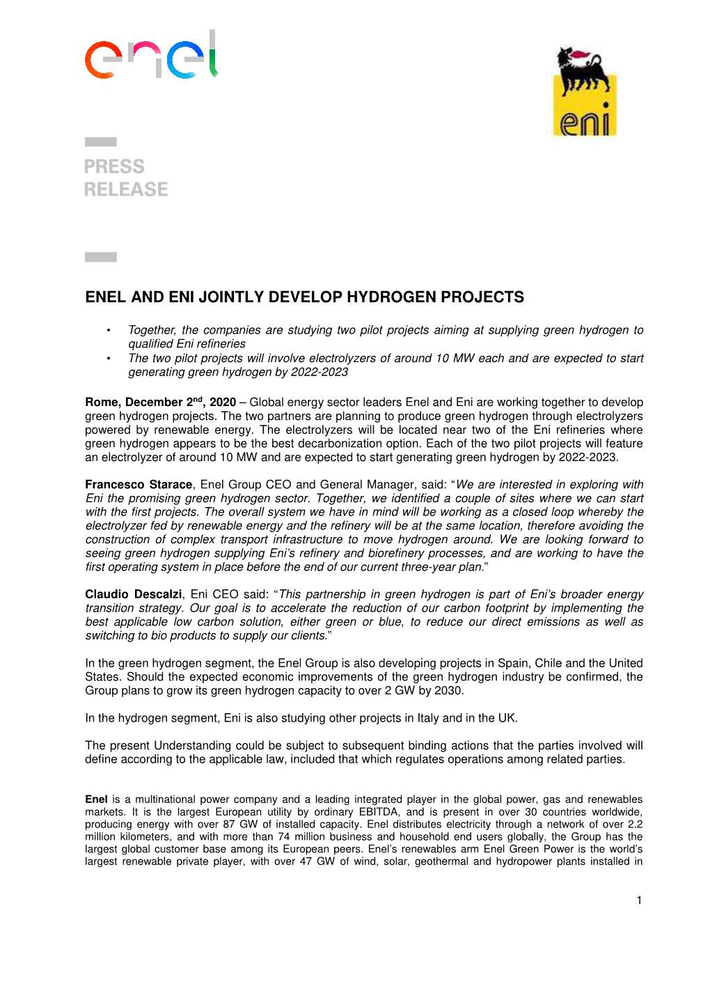 Enel Hydrogen Project With