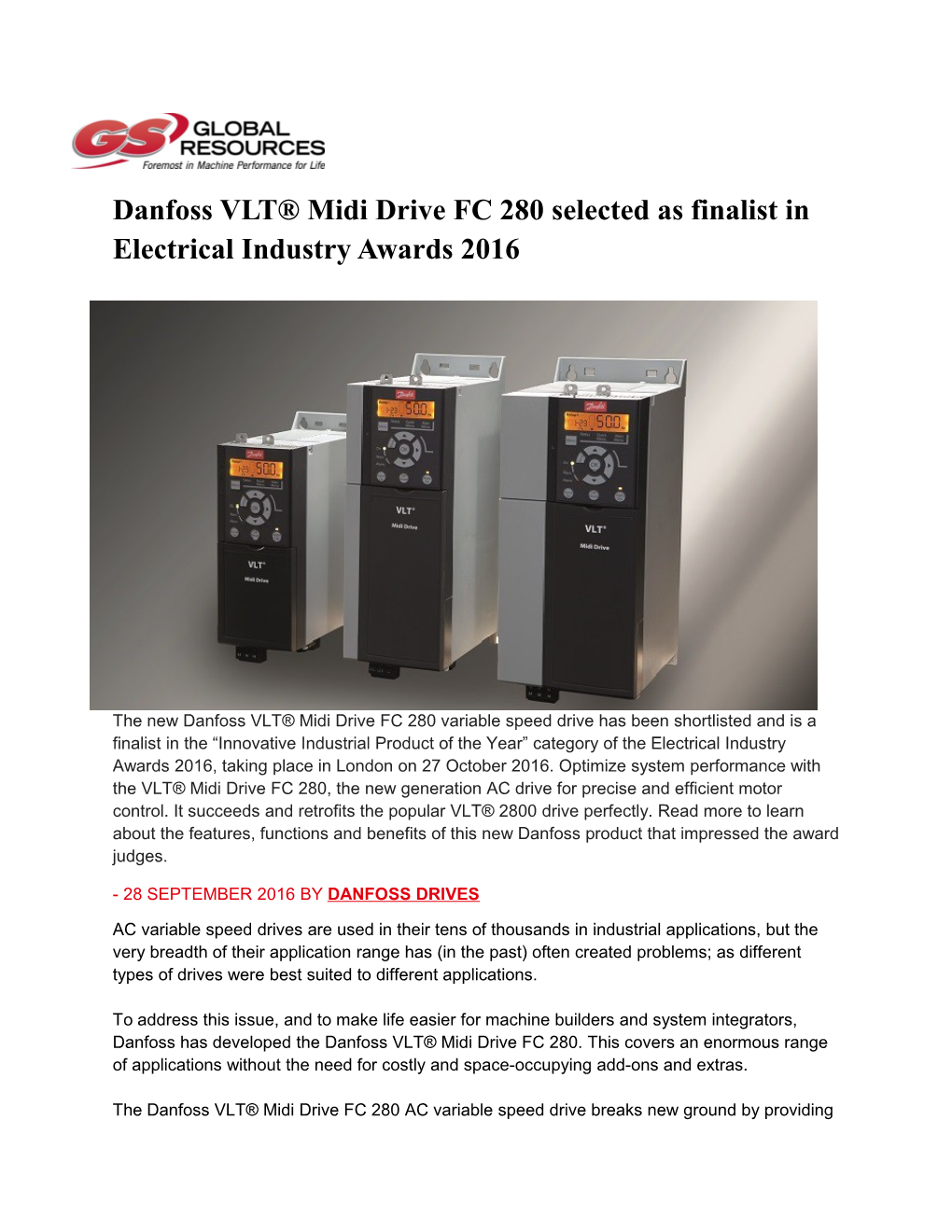 Danfoss VLT Midi Drive FC 280 Selected As Finalist in Electrical Industry Awards 2016