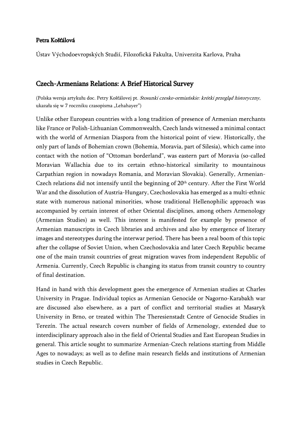 Czech-Armenians Relations: a Brief Historical Survey