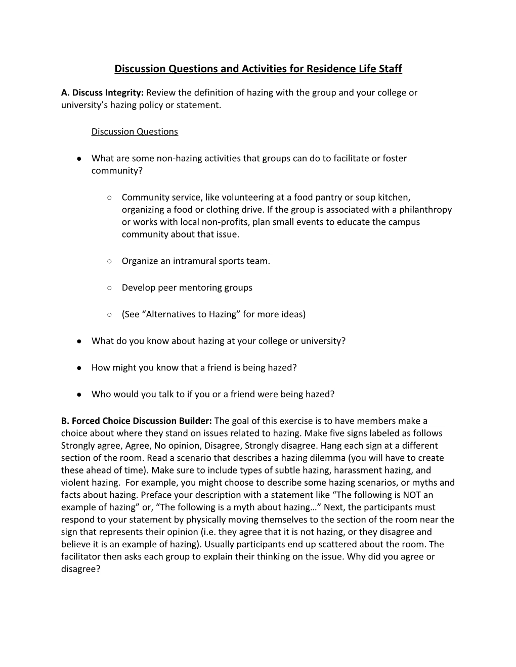 Discussion Questions and Activities for Residence Life Staff