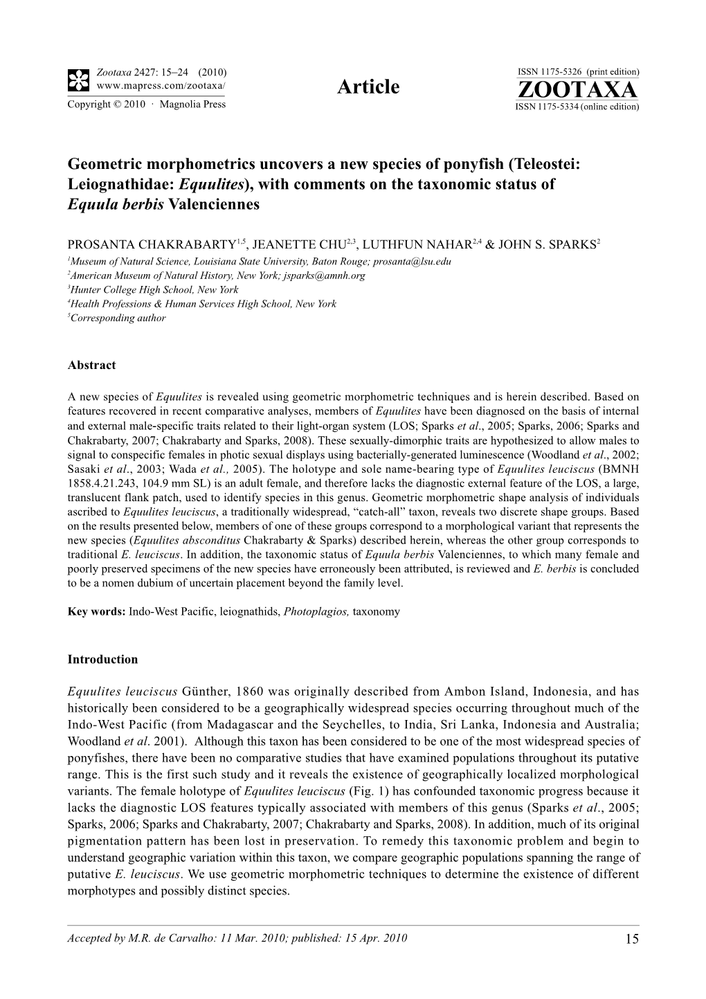 Teleostei: Leiognathidae: Equulites), with Comments on the Taxonomic Status of Equula Berbis Valenciennes