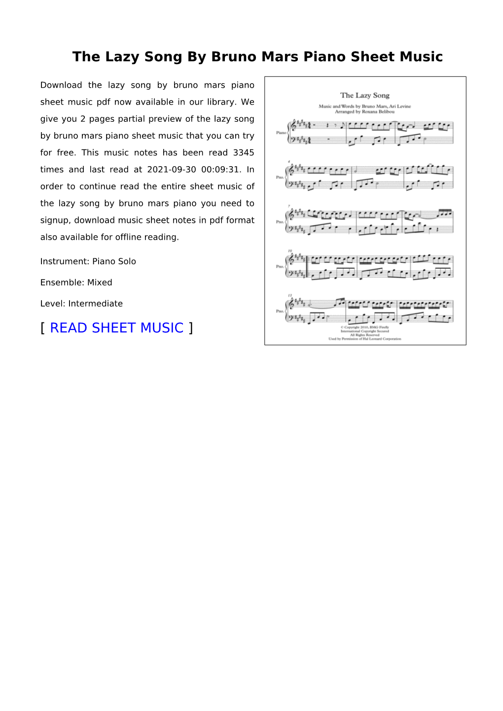 The Lazy Song by Bruno Mars Piano Sheet Music