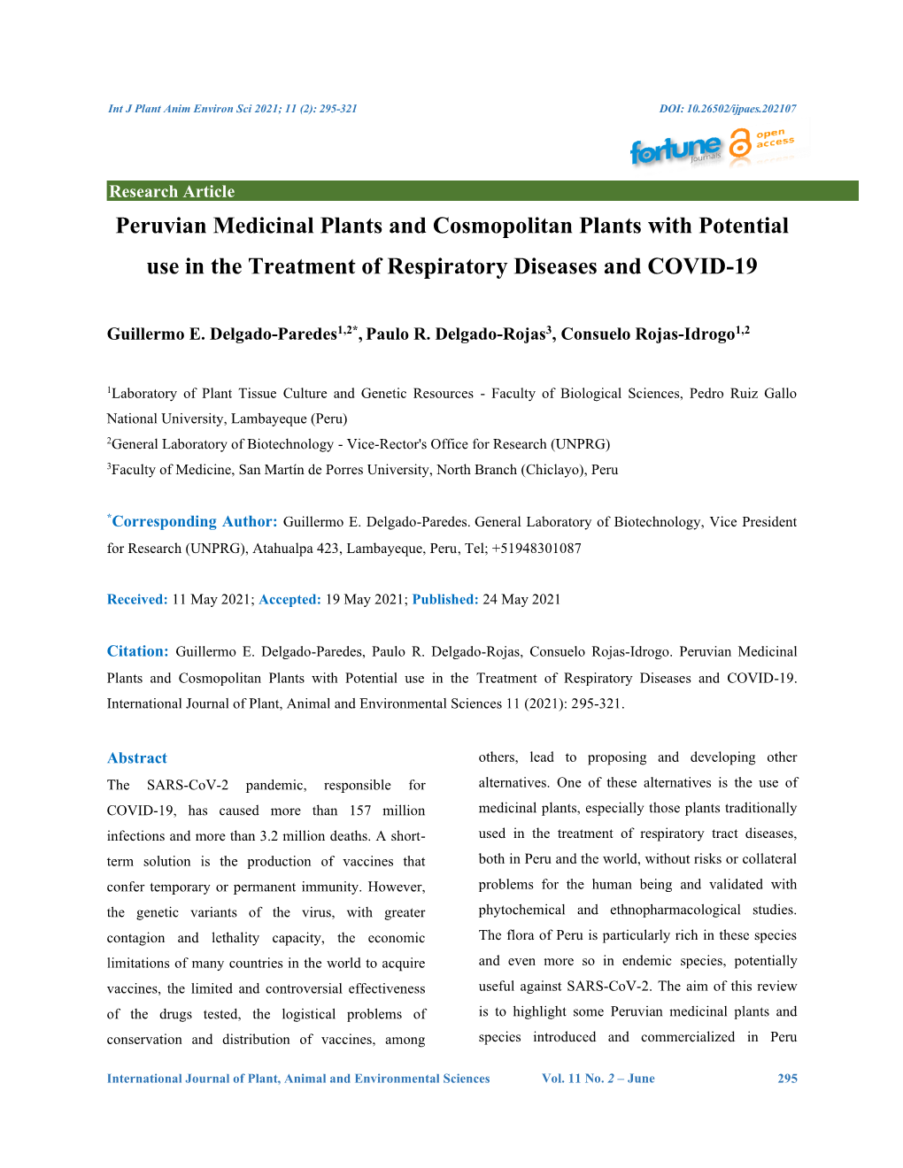 Peruvian Medicinal Plants and Cosmopolitan Plants with Potential Use in the Treatment of Respiratory Diseases and COVID-19