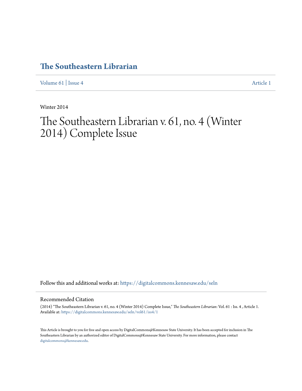 The Southeastern Librarian V. 61, No. 4