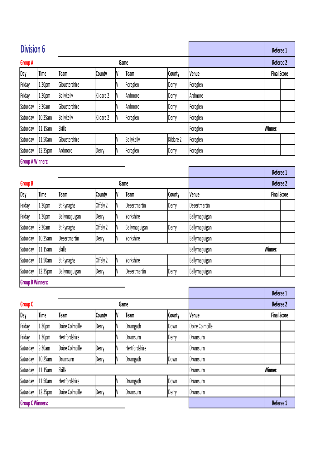 Boys Fixtures