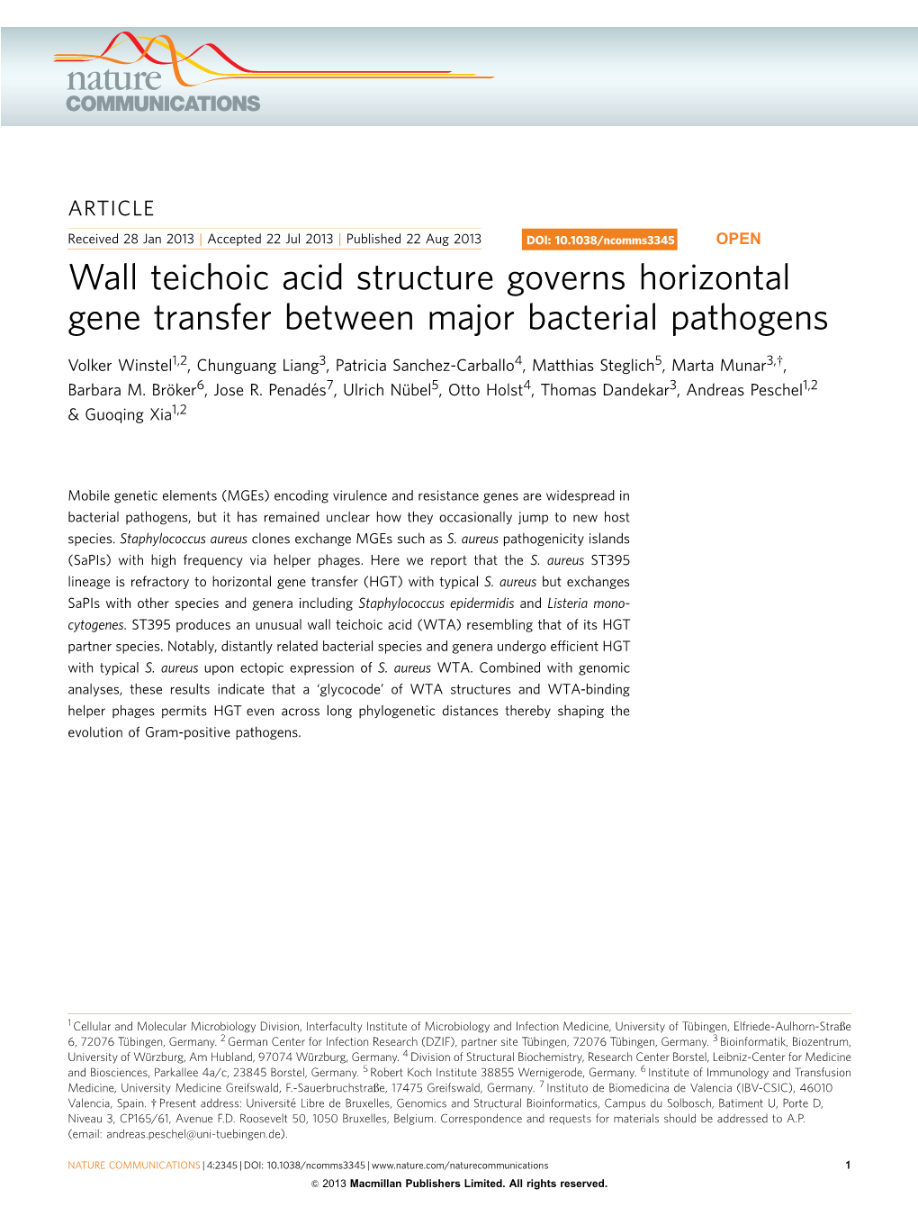 Wall Teichoic Acid Structure Governs Horizontal Gene Transfer Between Major Bacterial Pathogens