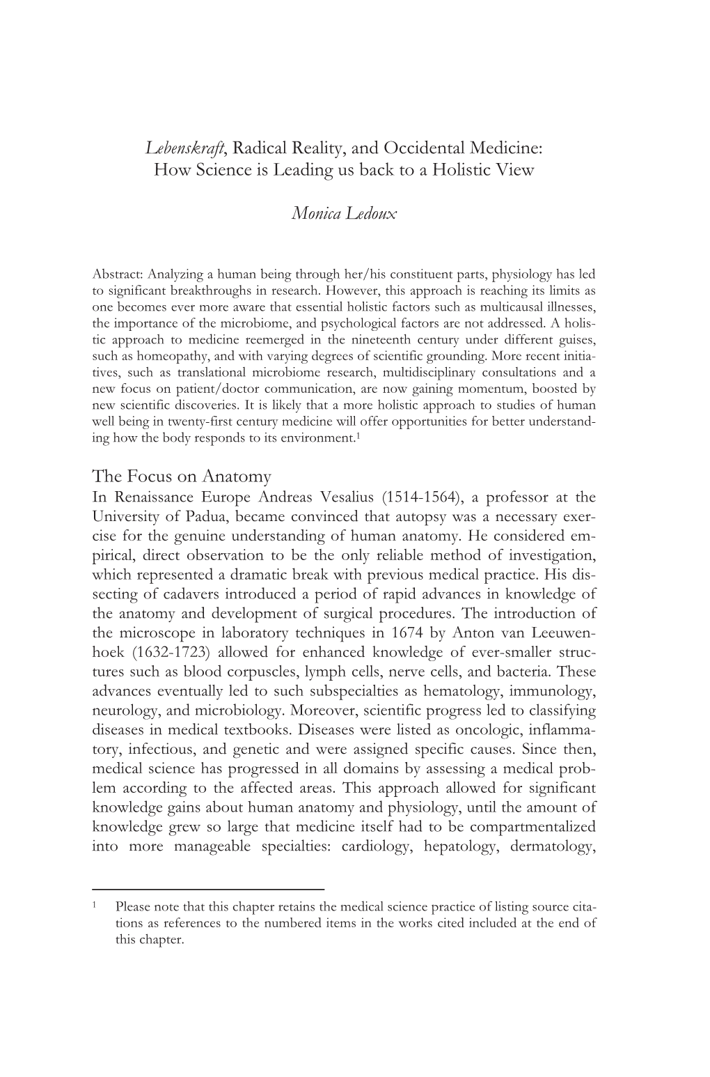 Lebenskraft, Radical Reality, and Occidental Medicine: How Science Is Leading Us Back to a Holistic View