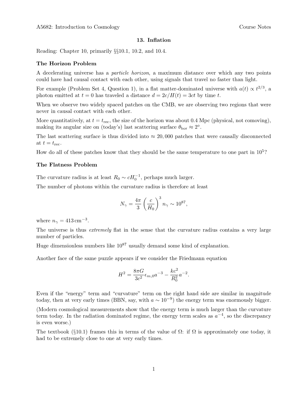 A5682: Introduction to Cosmology Course Notes 13. Inflation Reading