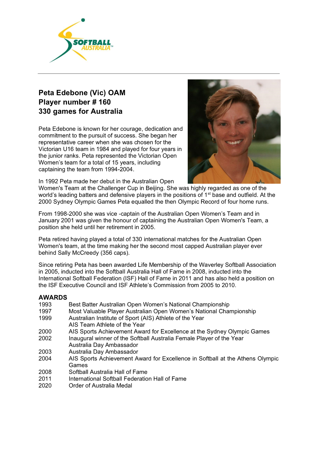 Peta Edebone (Vic) OAM Player Number # 160 330 Games for Australia