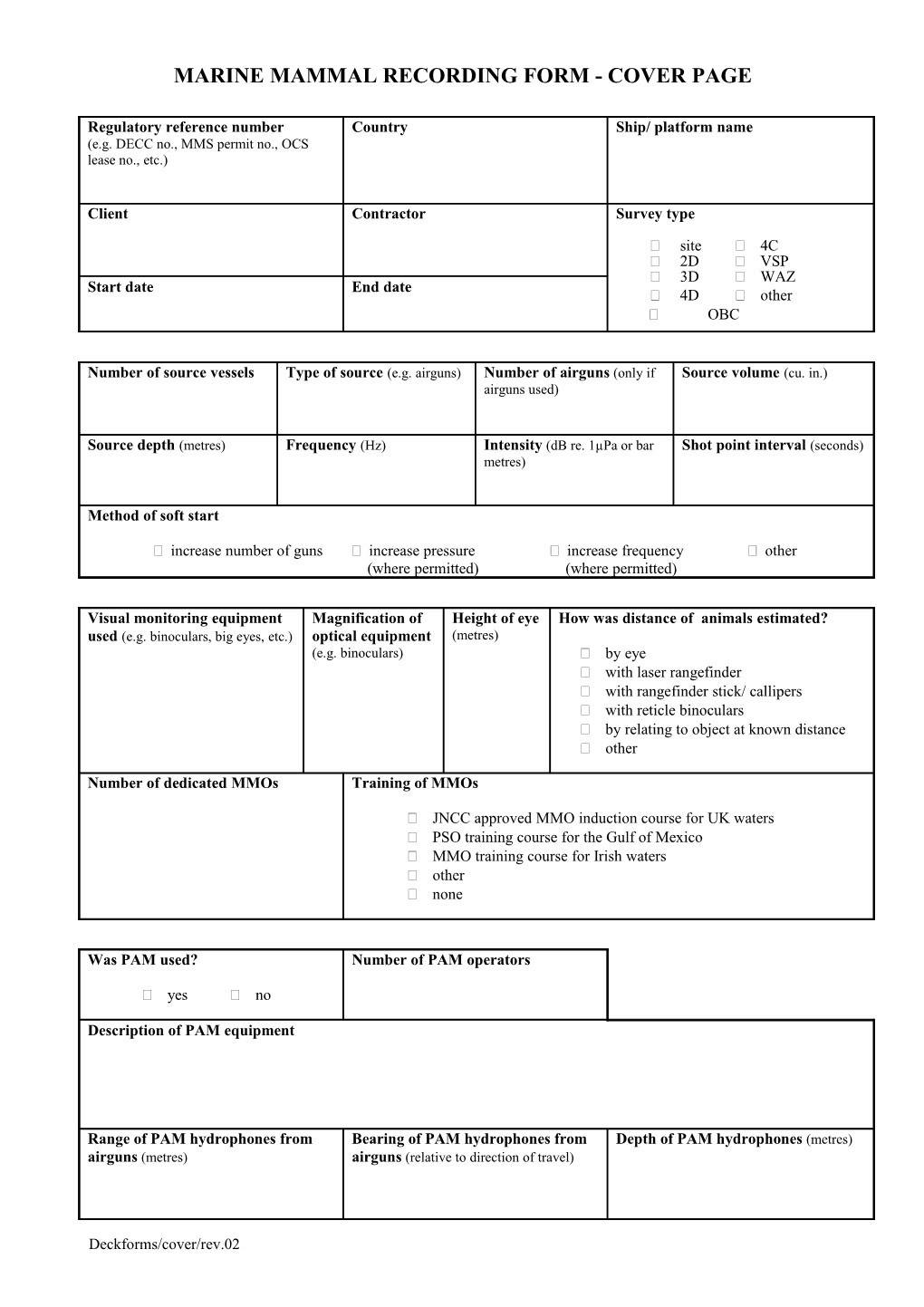 Marine Mammal Recording Form - Cover Page