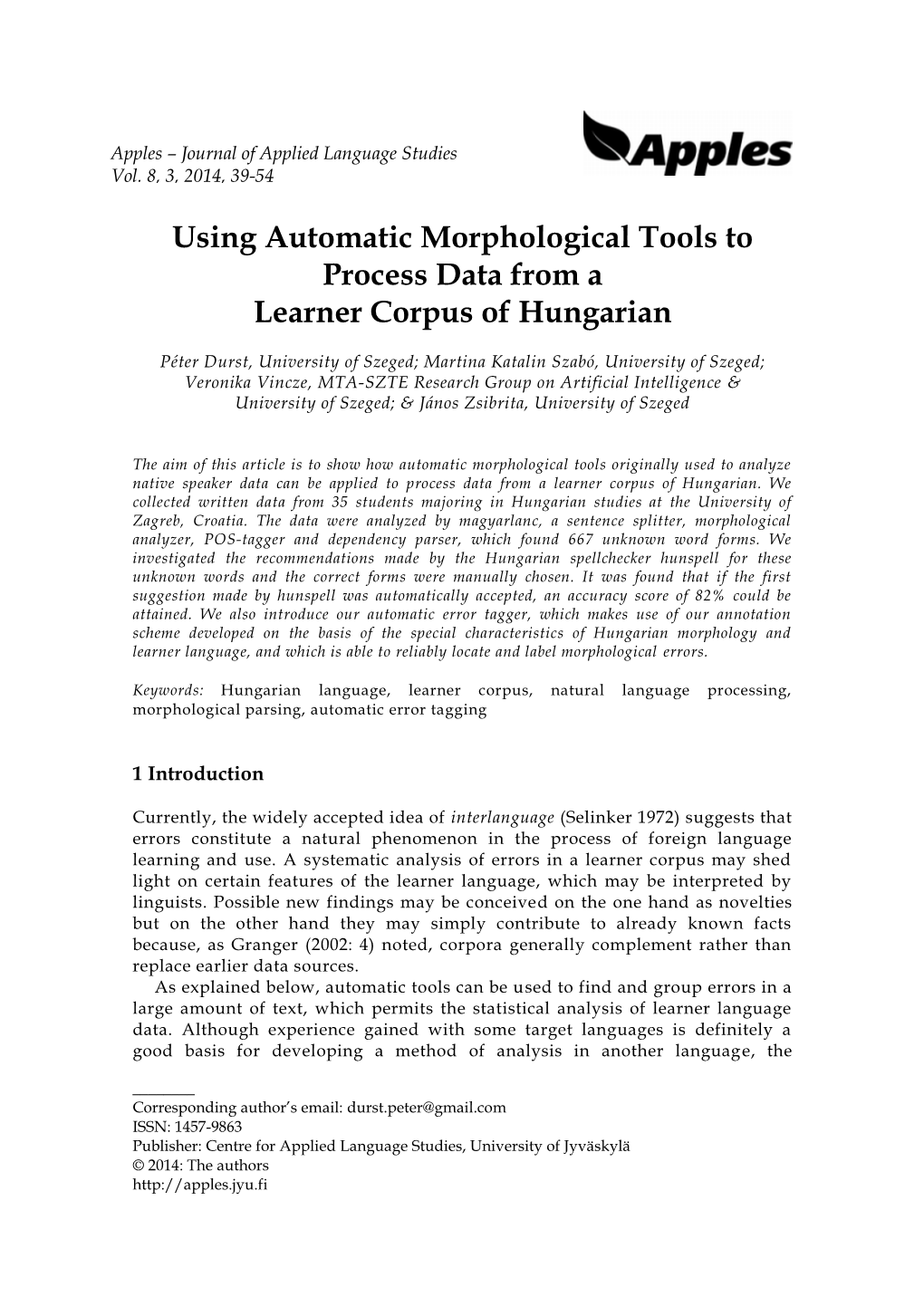 Using Automatic Morphological Tools to Process Data from a Learner Corpus of Hungarian