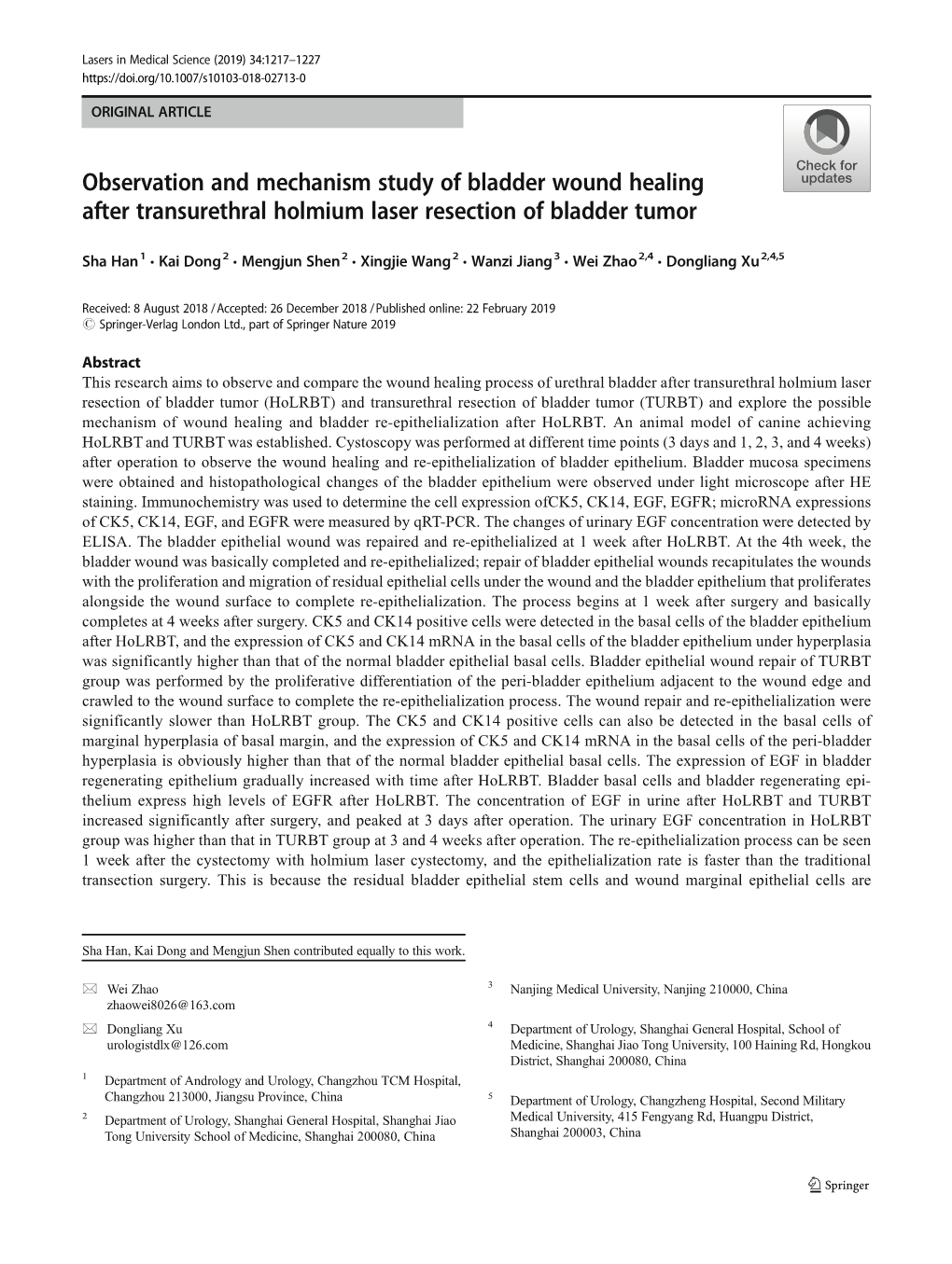 Observation and Mechanism Study of Bladder Wound Healing After Transurethral Holmium Laser Resection of Bladder Tumor