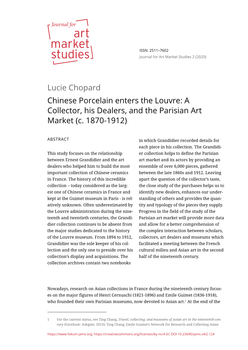 Lucie Chopard Chinese Porcelain Enters the Louvre: a Collector, His Dealers, and the Parisian Art Market (C