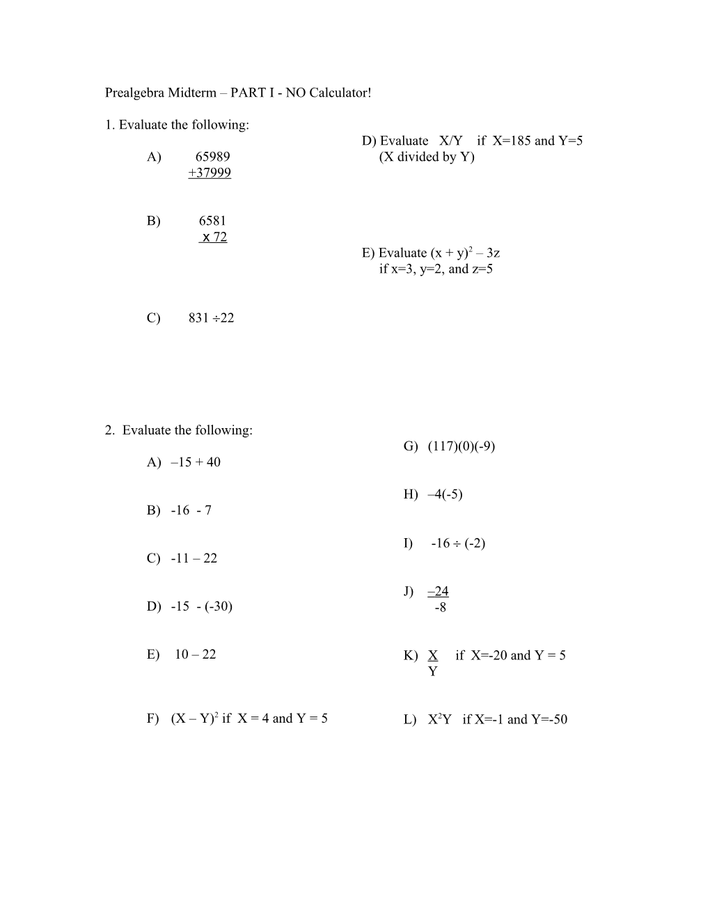 Prealgebra Practice Test