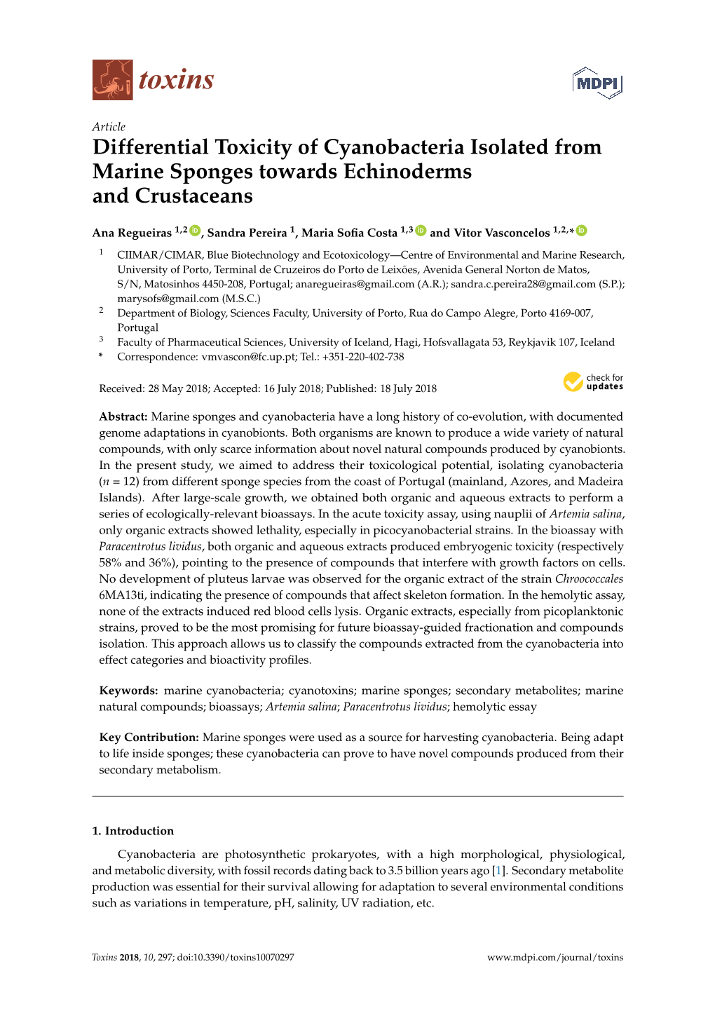 Differential Toxicity of Cyanobacteria Isolated from Marine Sponges Towards Echinoderms and Crustaceans