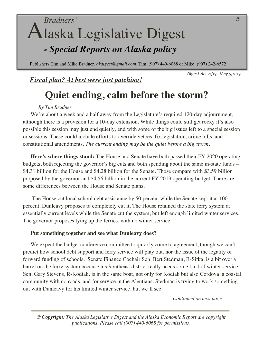 Alaska Legislative Digest - Special Reports on Alaska Policy