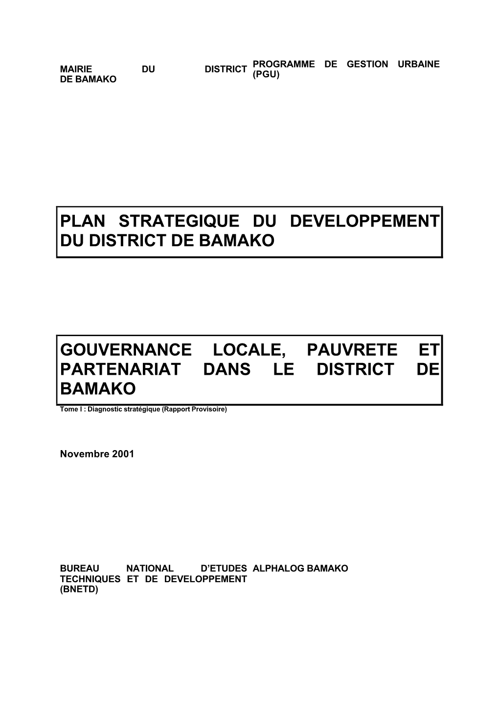 Plan Strategique Du Developpement Du District De Bamako Gouvernance