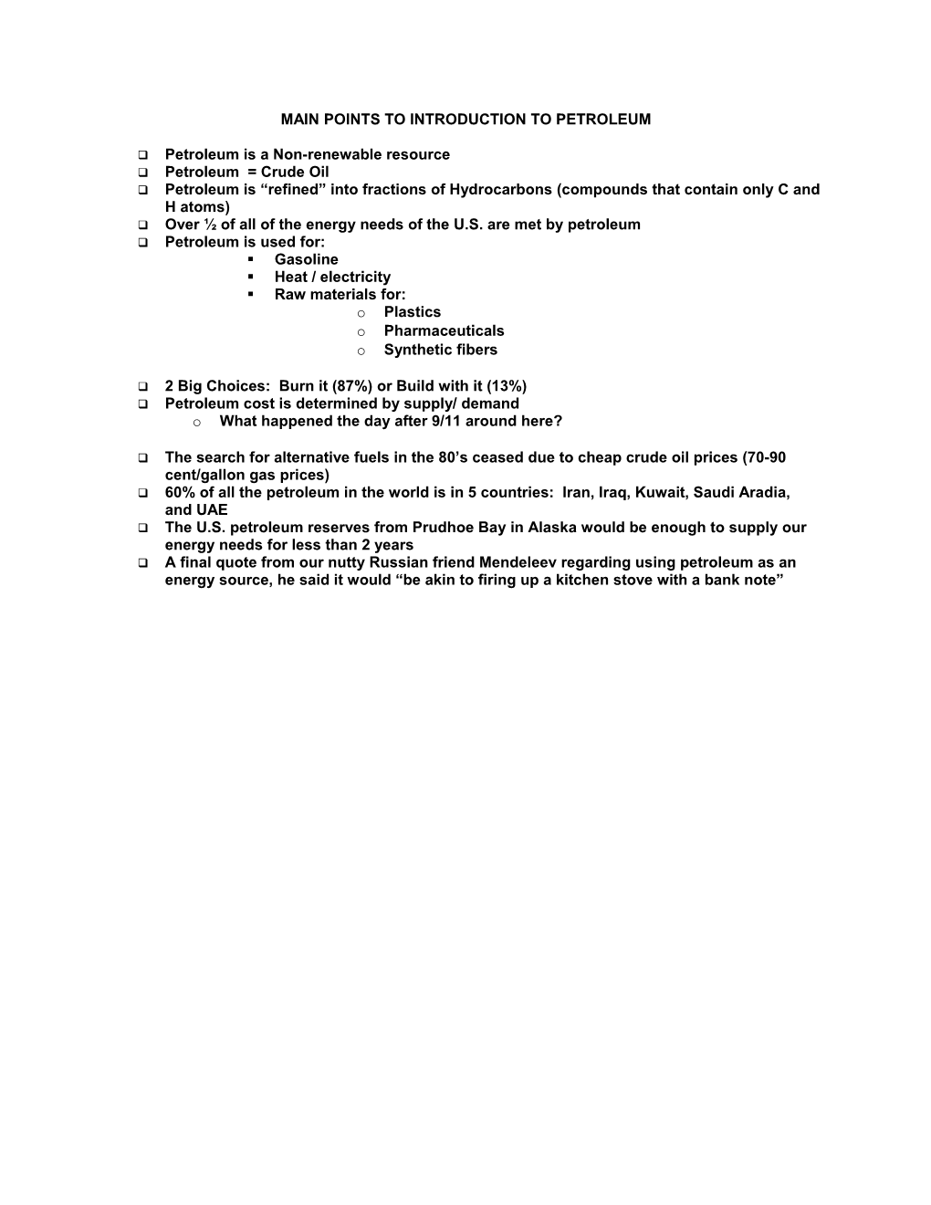 Main Points to Introduction to Petroleum