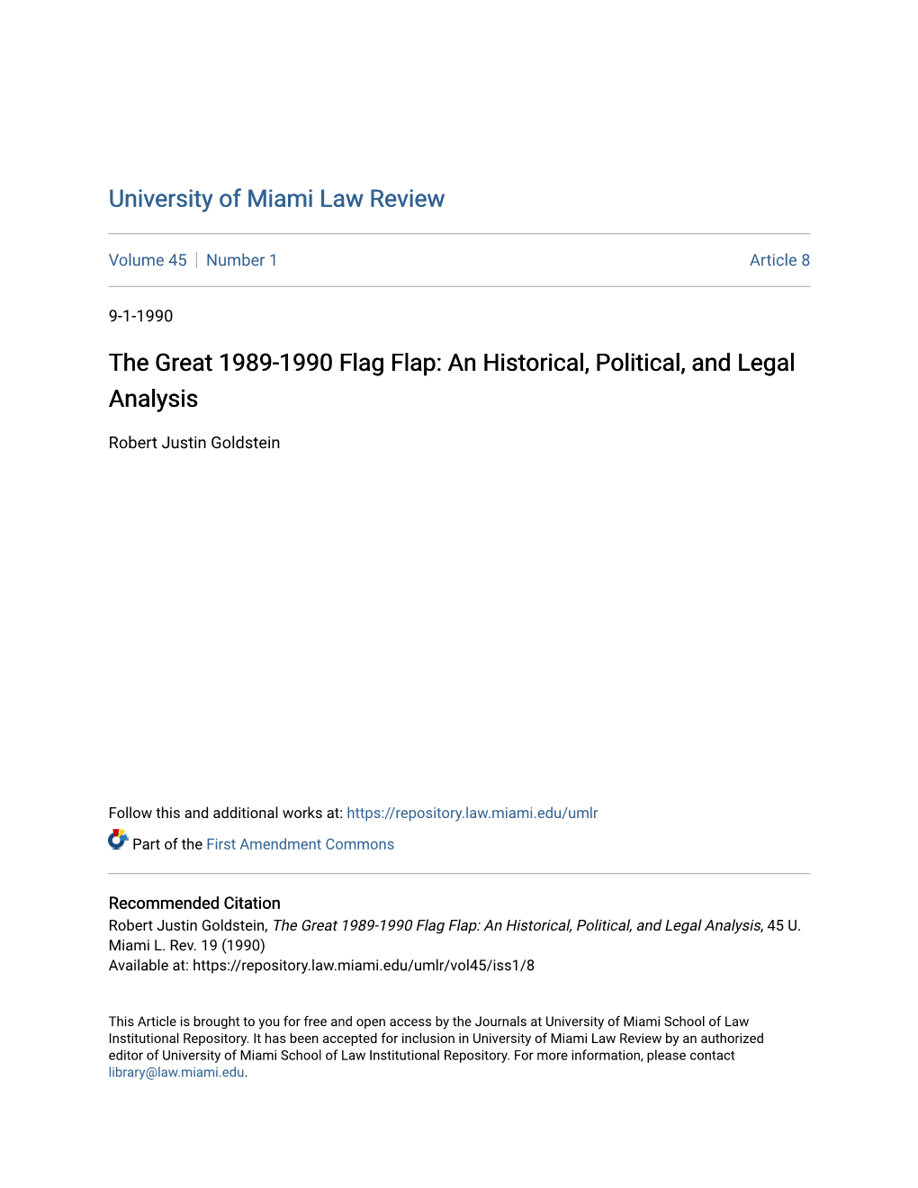 The Great 1989-1990 Flag Flap: an Historical, Political, and Legal Analysis