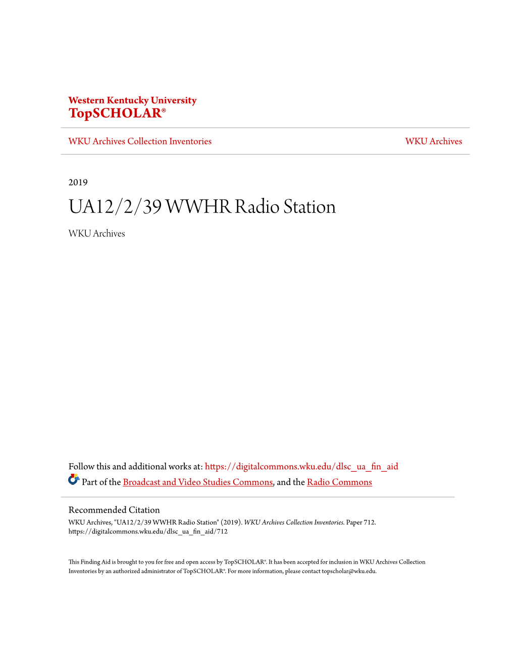 UA12/2/39 WWHR Radio Station WKU Archives