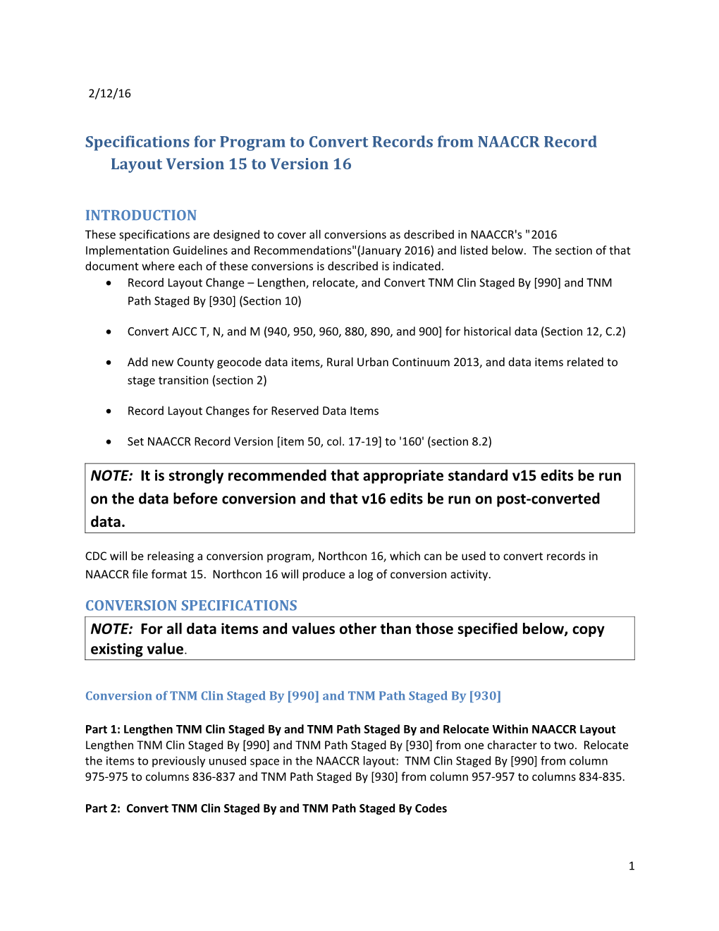 Specifications for Program to Convert Records from NAACCR Record Layout Version 15 to Version 16