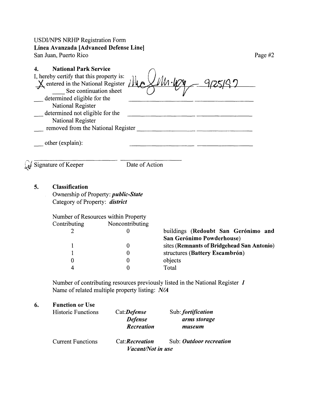 USDI/NPS NRHP Registration Form Linea Avanzada [Advanced Defense Line] San Juan, Puerto Rico Page #2