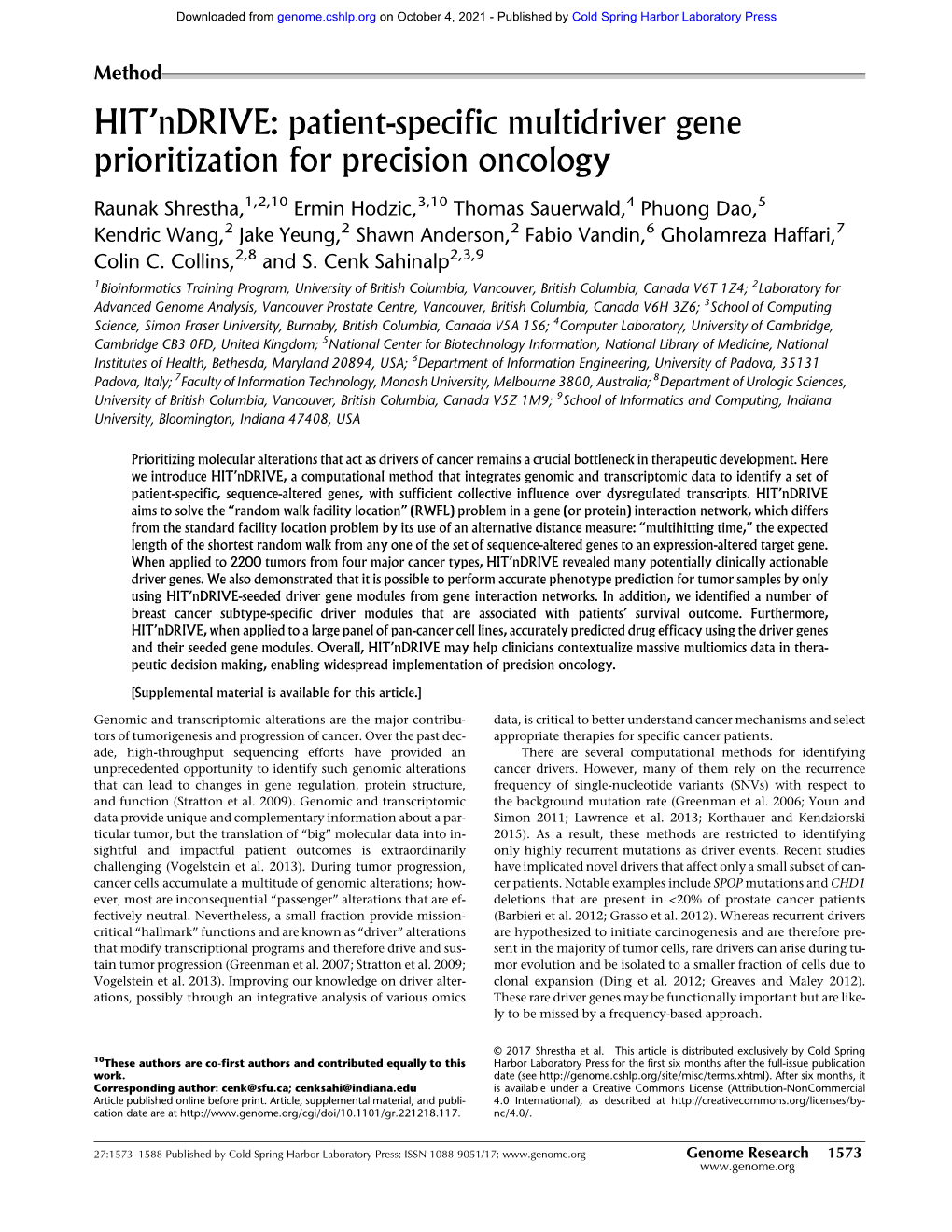 HIT'ndrive: Patient-Specific Multidriver Gene Prioritization for Precision Oncology