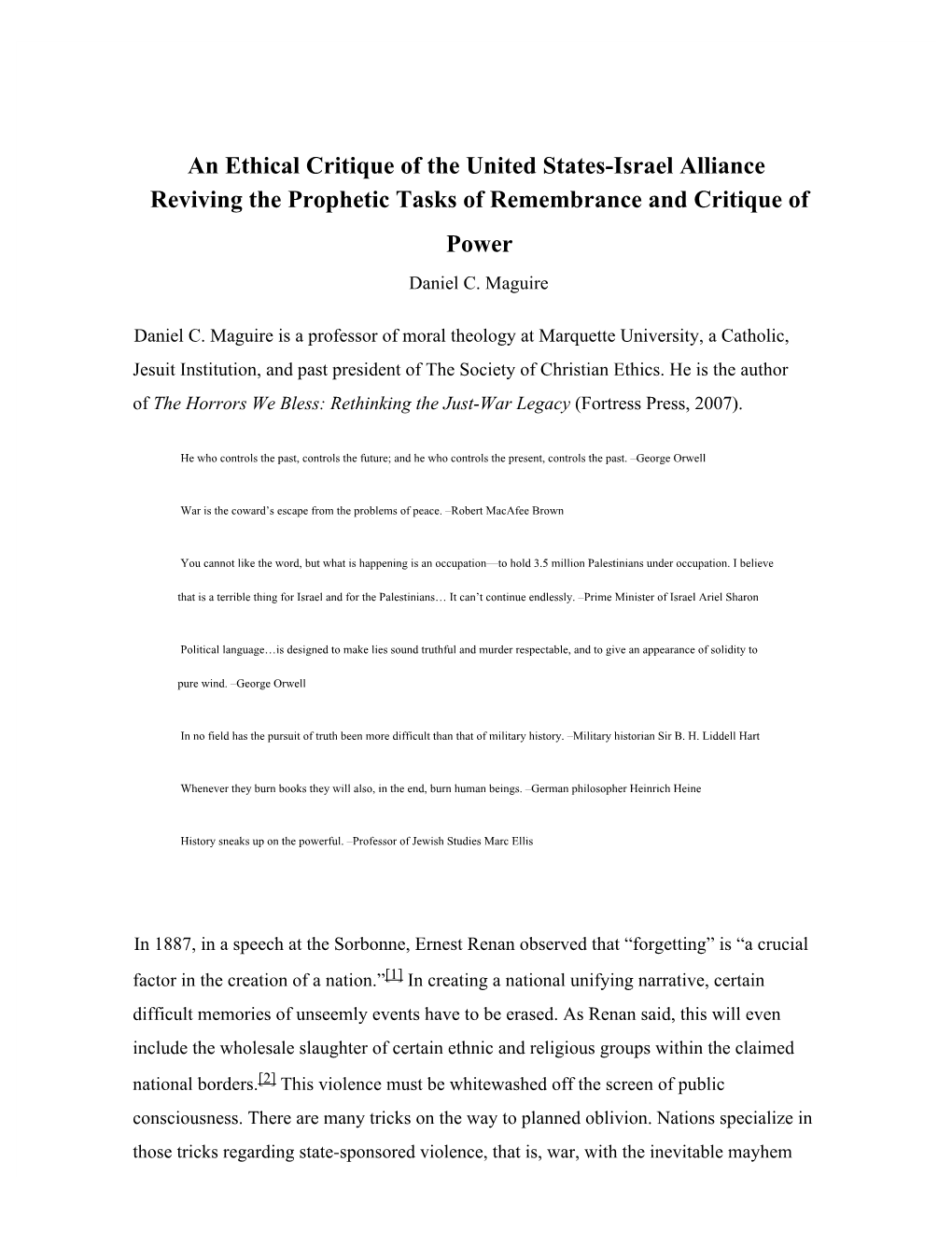 An Ethical Critique of the United States-Israel Alliance Reviving the Prophetic Tasks of Remembrance and Critique of Power Daniel C