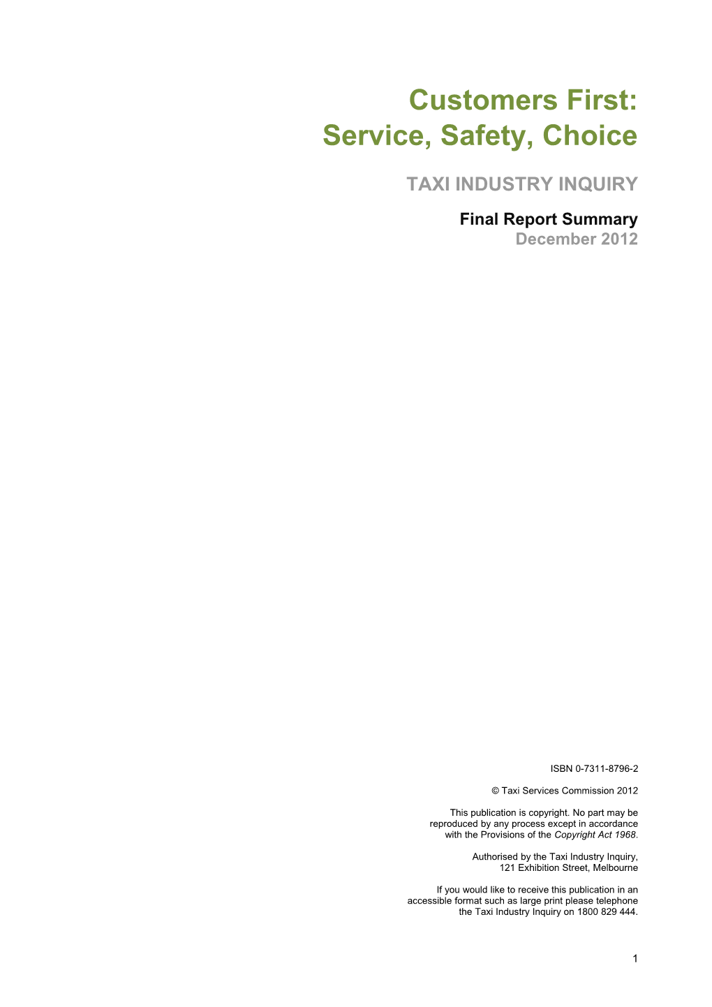 Taxi Industry Inquiry - Final Report Summary