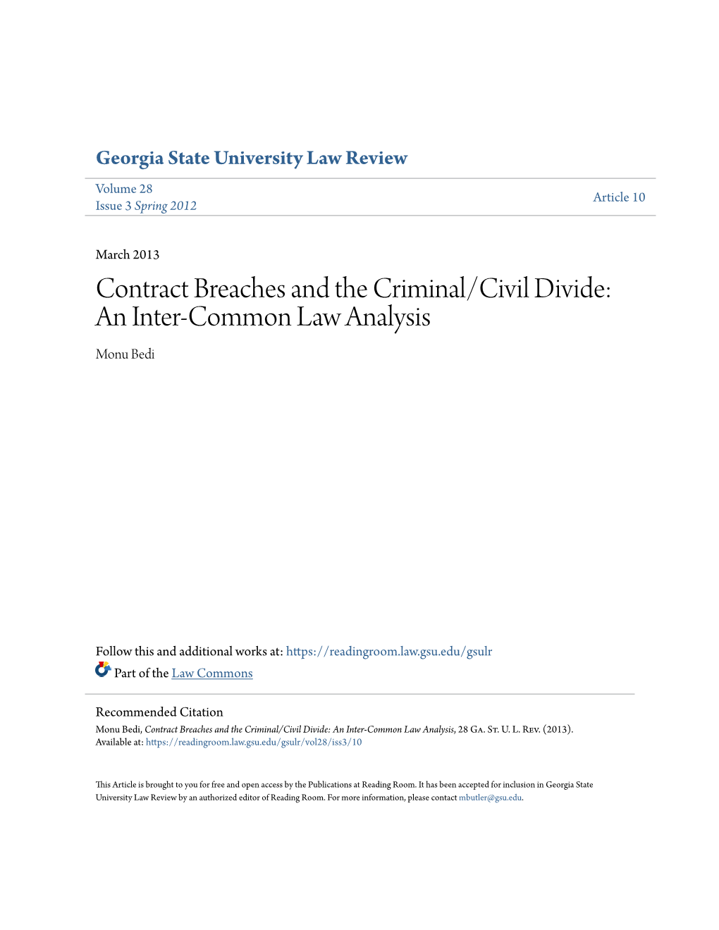 Contract Breaches and the Criminal/Civil Divide: an Inter-Common Law Analysis Monu Bedi