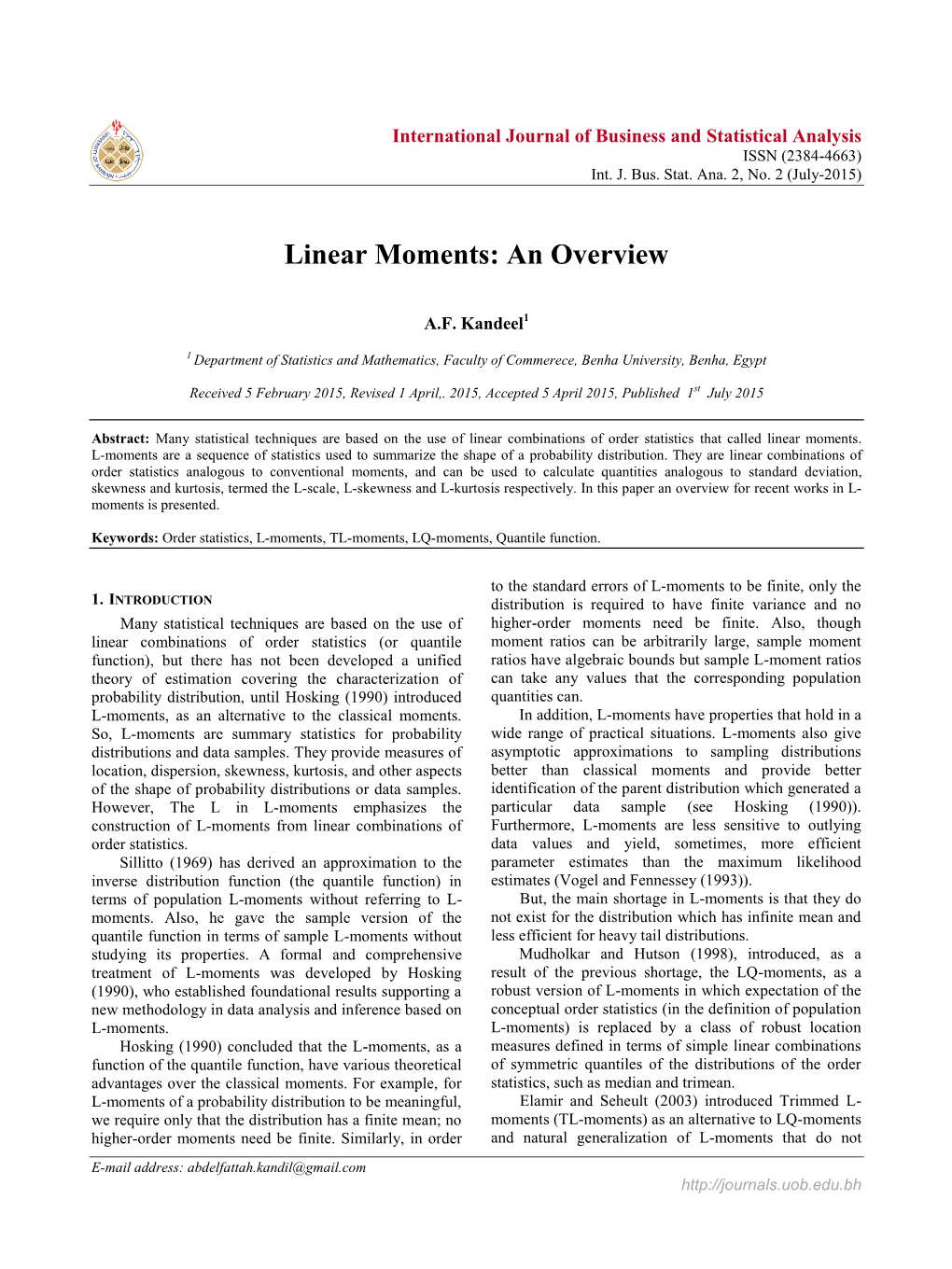 Linear Moments: an Overview