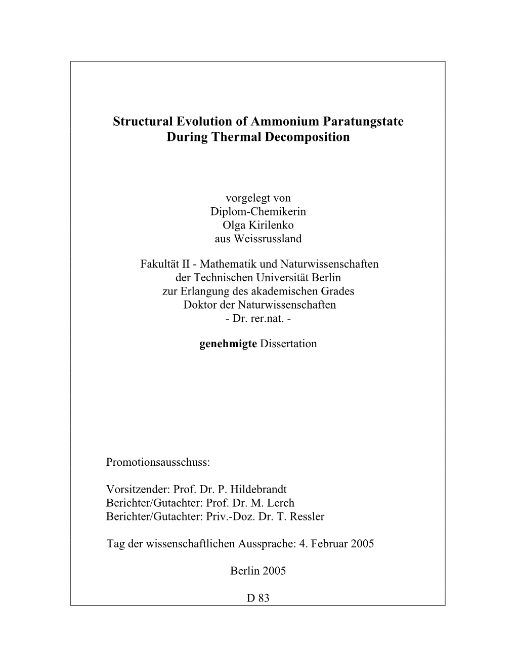 Structural Evolution of Ammonium Paratungstate During Thermal Decomposition