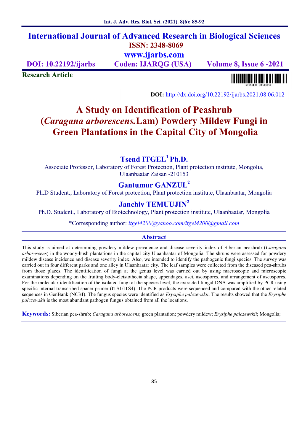 Caragana Arborescens.Lam) Powdery Mildew Fungi in Green Plantations in the Capital City of Mongolia